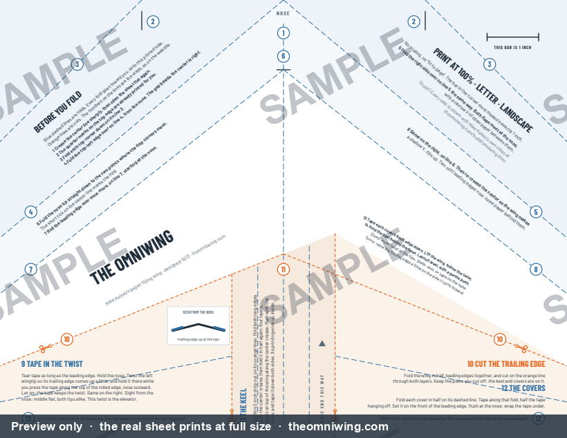 The one-sheet template: a letter sheet with the fold lines, cut lines and instructions printed on it